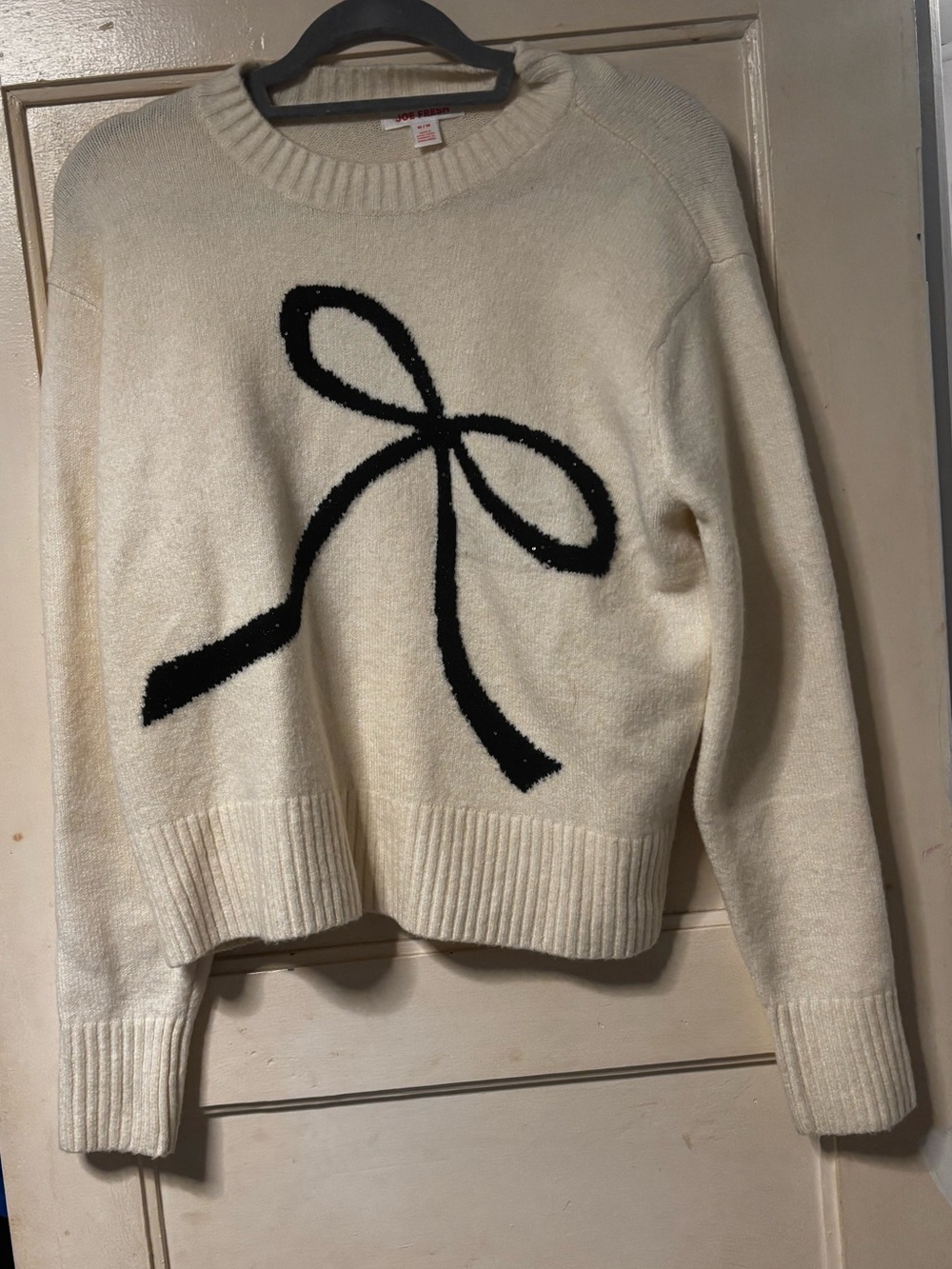 Cream Sweater with Black Bow Motif - Women Sweater